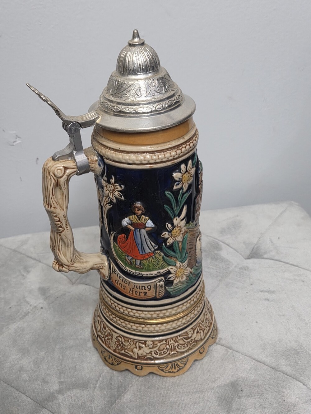 Vintage German Ceramic Decorative Beer Stein Mug in Dark Blue & Tan and Musical